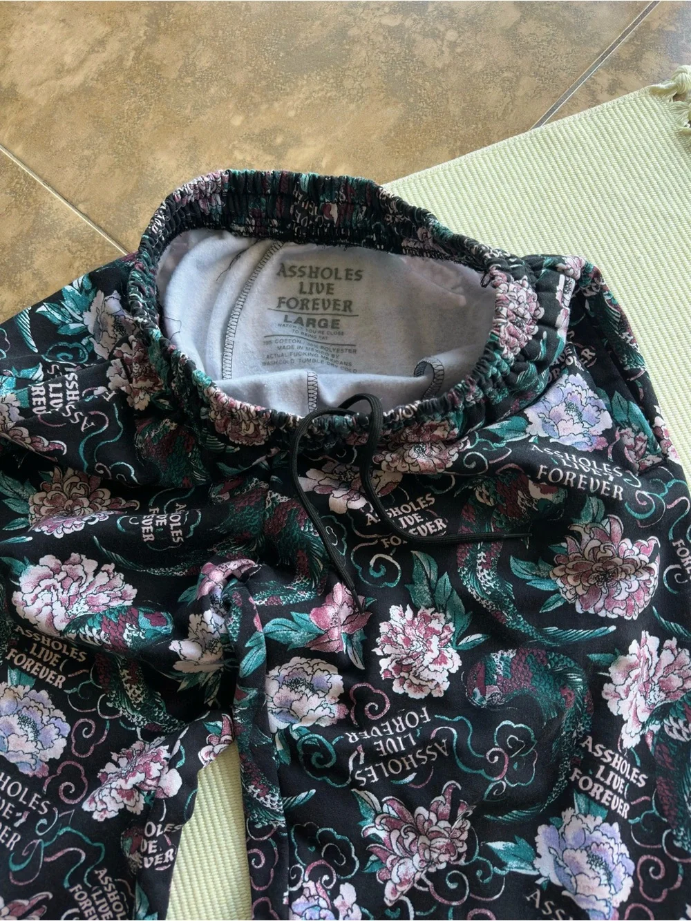 A$$holes Live Forever Black Multicolor Floral Peony Jogger Sweatpants